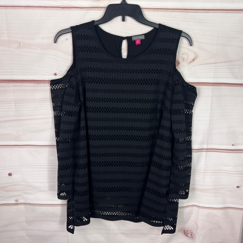 Vince Camuto Top Womens 1X Black Eyelet Blouse Cold Shoulder Tunic Round Neck